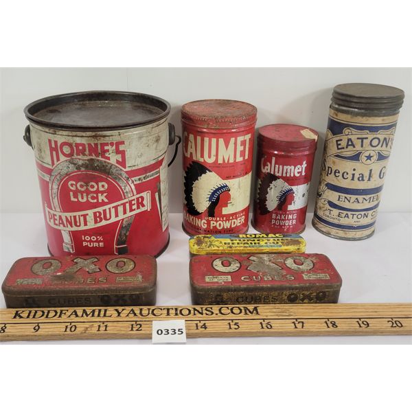 LOT OF 7 - MISC TIN CANS - INCL HORNE'S PEANUT BUTTER & EATON'S ETC