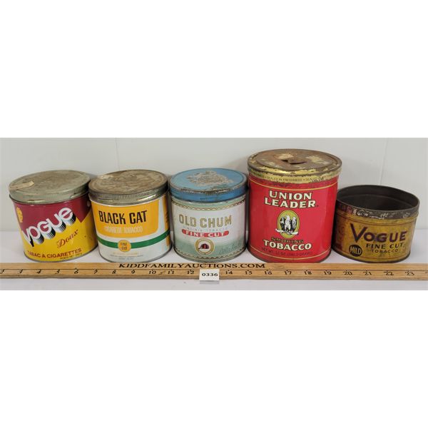 LOT OF 5 - TOBACCO CANS - INCL BLACK CAT & OLD CHUM ETC