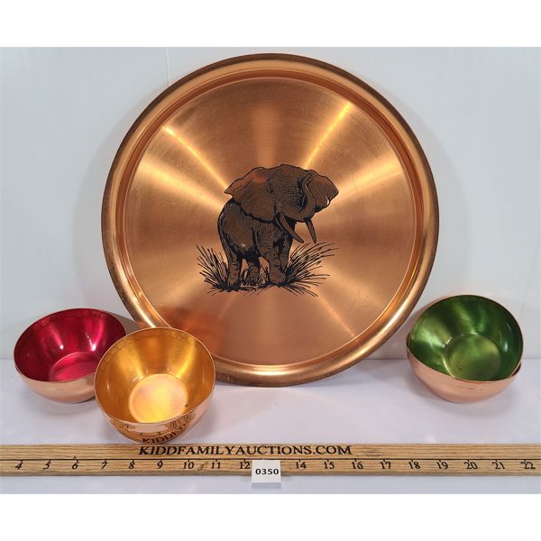 LOT OF 7 - ENGRAVED COPPER SERVING TRAY & BOWLS 