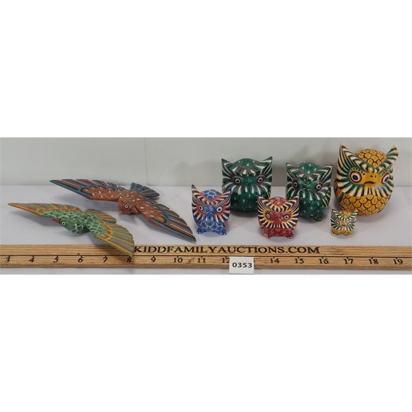 LOT OF 9 - INDONESIA (?) WOODEN OWL & BIRD FIGURINES