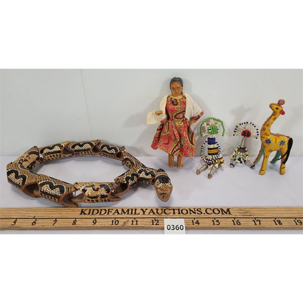 LOT OF 5 - HAND CRAFTED FIGURINES - INCL PYTHON, GIRAFFE & DOLL ETC