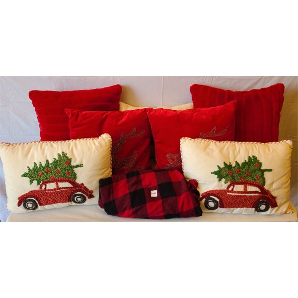 LOT OF 8 - CHRISTMAS THEME PILLOWS & PLAID THROW BLANKET
