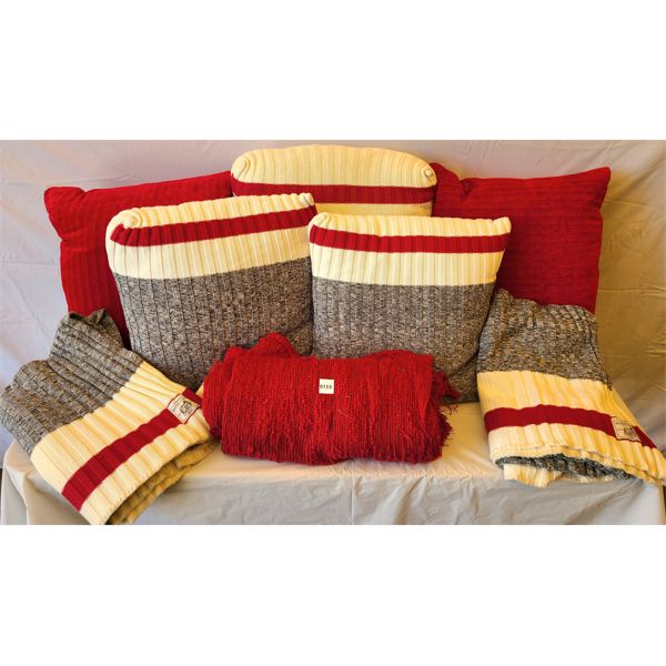 LOT OF 8 - DECORATIVE THROW PILLOWS & BLANKETS - INCL ROOTS