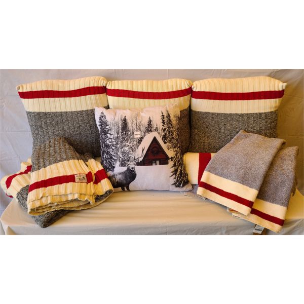 LOT OF 9 - DECORATIVE THROW PILLOWS & BLANKETS - INCL ROOTS