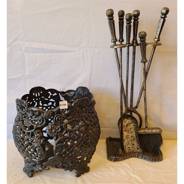 LOT OF 2 - CAST IRON FIREPLACE POKER SET & LOG HOLDER