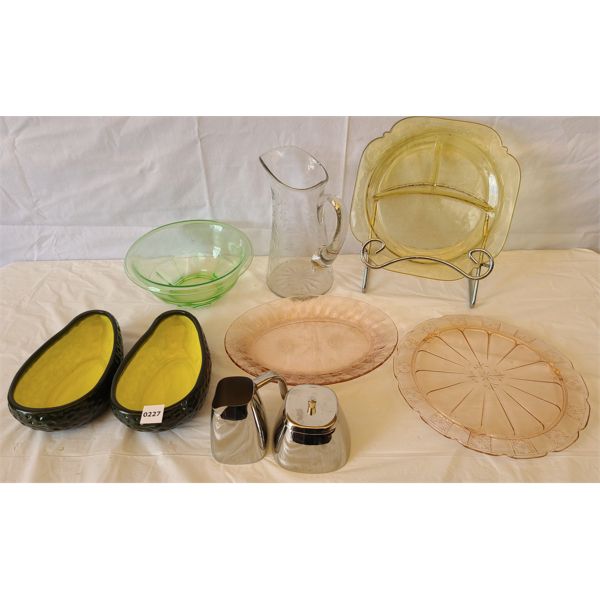 LOT OF 10 - PINK DEPRESSION DISHES, GLASS PITCHER & AVOCADO STYLE SERVING BOWLS ETC