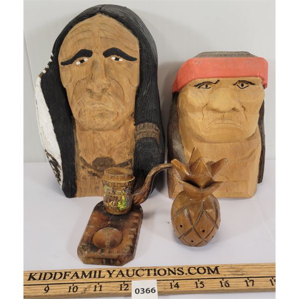 LOT OF 4 - HAND CARVED NATIVE AMERICAN SCULPTURES & PIPE ETC