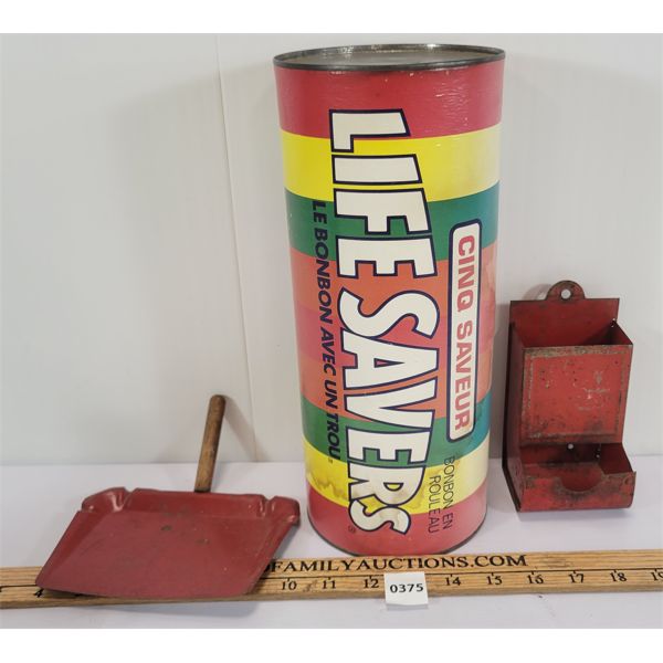 LOT OF 3 - LIFESAVERS COIN BANK & TOY TIN DUSTPAN, ETC