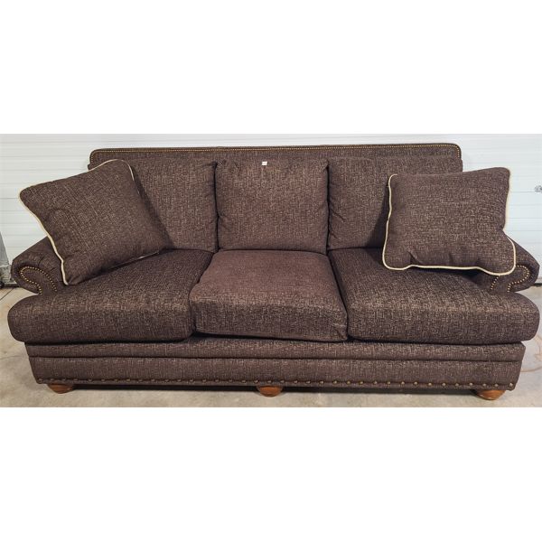 BROWN & GOLD UPHOLSTERED COUCH W/ STUDDED ACCENTS