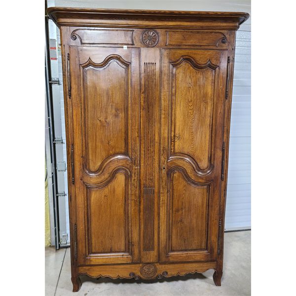 OAK ARMOIRE W/ GLASS SHELVES & KEY