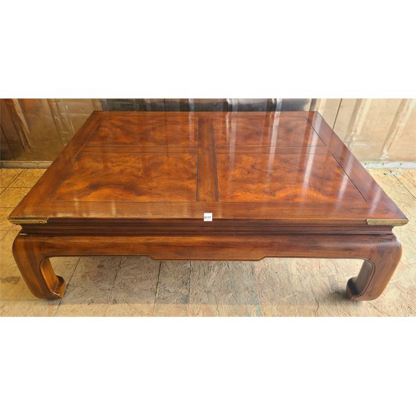 MAHOGANY (?) COFFEE TABLE W/ BRASS ACCENTS