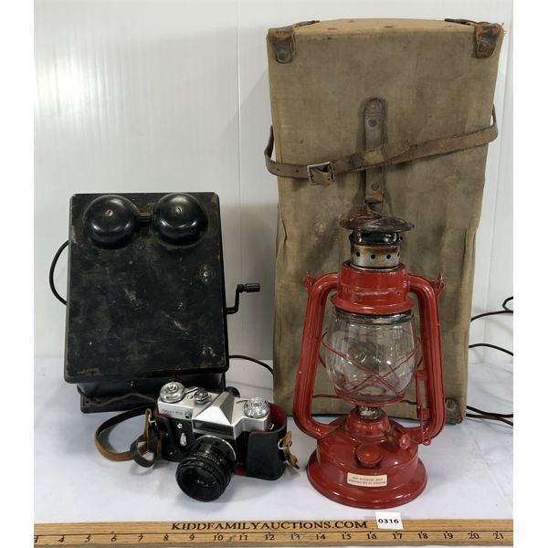 LOT OF 4 - RINGER BOX, ZENIT-ES CAMERA, LANTERN AND CANVAS COVERED BOX