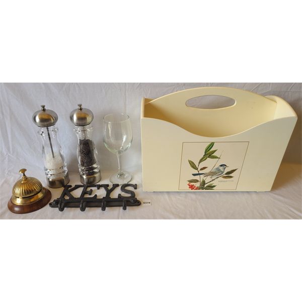 LOT OF 6 - BRASS BELL, MAGAZINE HOLDER & KEY RACK ETC
