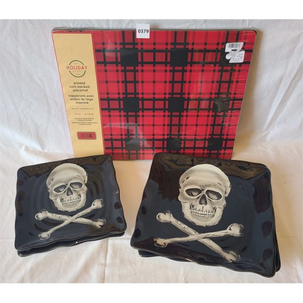 LOT OF 6 - HOLIDAY CORK PLACE MATS & SKELETON THEME DINNER PLATES