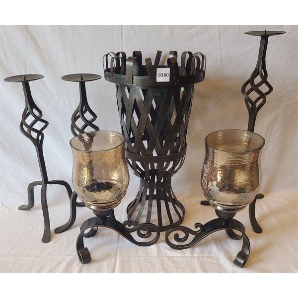 LOT OF 6 - WROUGHT IRON (?) CANDLE PILLARS & HOLDERS