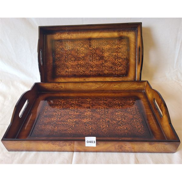 LOT OF 2 - WOODEN NESTING SERVING TRAYS 