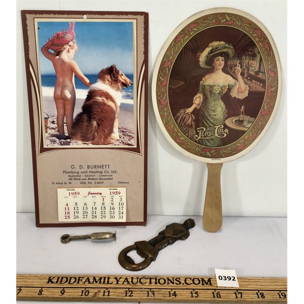 LOT OF 4 - 1959 CALENDAR, PETERSON'S PIPE TOOL, PEPSI FAN AND O'KEEFE BOTTLE OPENER