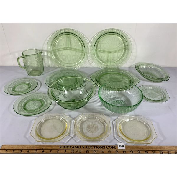 LOT OF 14 - GREEN & YELLOW DEPRESSION GLASS PIECES