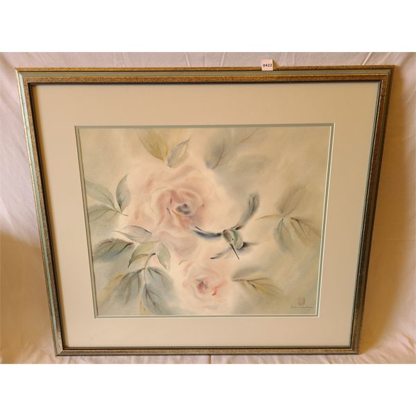 HUMMINGBIRD & FLOWERS SCENE BY YAMADA (?) -  FRAMED WATERCOLOUR