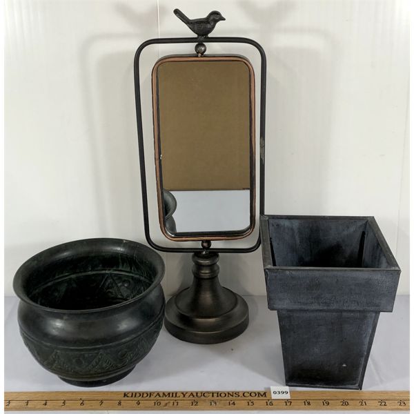 LOT OF 3 - TIN PLANTERS AND BIRD TOPPED MIRROR