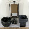 Image 1 : LOT OF 3 - TIN PLANTERS AND BIRD TOPPED MIRROR