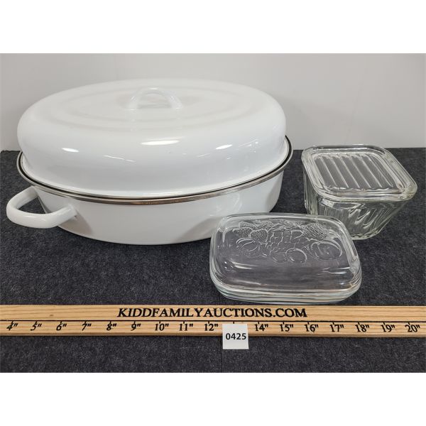 LOT OF 3 - SITRAM ROASTING PAN - AS NEW & GLASS BUTTER DISHES