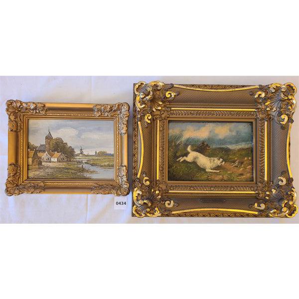 LOT OF 2 - GILT FRAMED ACRYLIC ON BOARD - INCL "TERRIERS CHASING HARE"