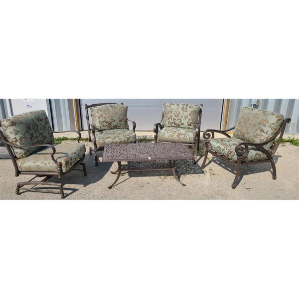 LOT OF 5 - CAST ALUMINUM OUTDOOR FURNITURE SET W/ CUSHIONS & TABLE