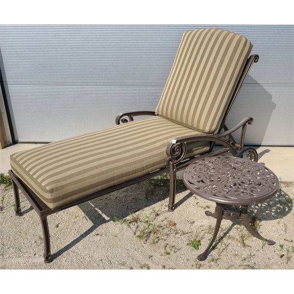 LOT OF 2 - CAST ALUMINUM OUTDOOR CHAISE W/ CUSHION & SIDE TABLE