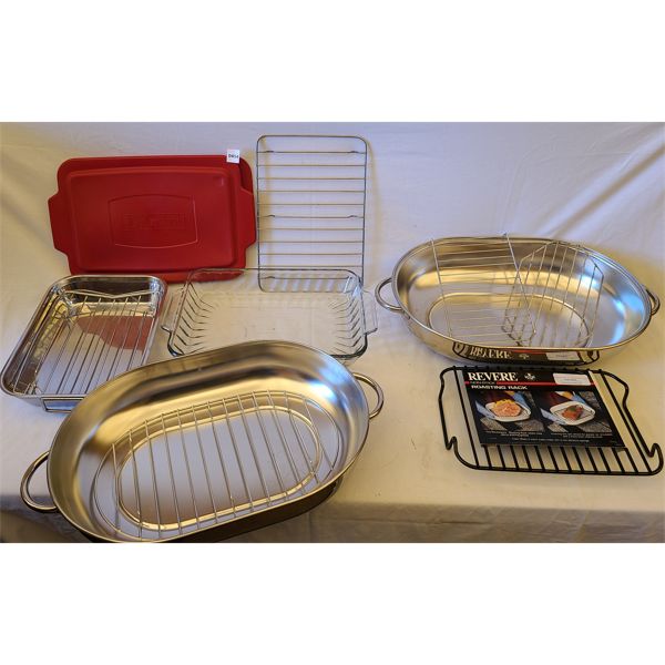 LOT OF 5 - ROASTING RACK SETS & BAKING DISH ETC