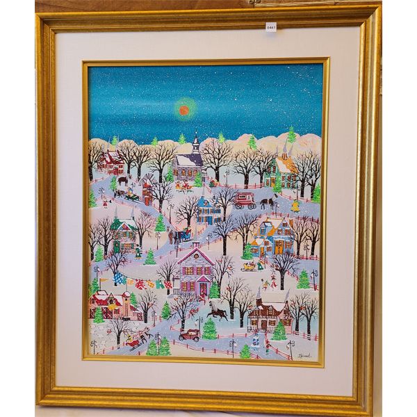FRAMED ACRYLIC ON CANVAS - "MON VILLAGE POUS LA NEIGE" BY JACQUELINE RIVARD - INCL COA