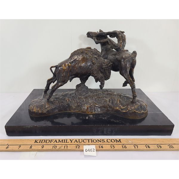 CM RUSSELL - BRONZE & MARBLE BUFFALO STATUE - SEE ALL PICS