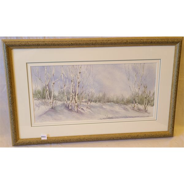 FRAMED WATERCOLOR ON BOARD - "WINTER BIRCH" BY MAXINE ALLEN 