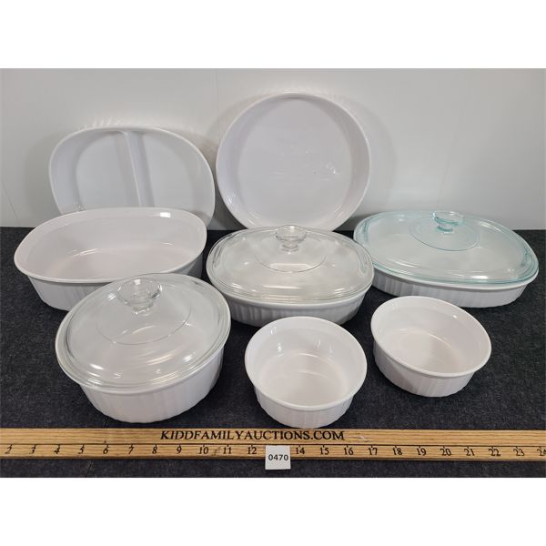 LOT OF 8 - CORNINGWARE DISHES - INCL CASSEROLE & BAKING