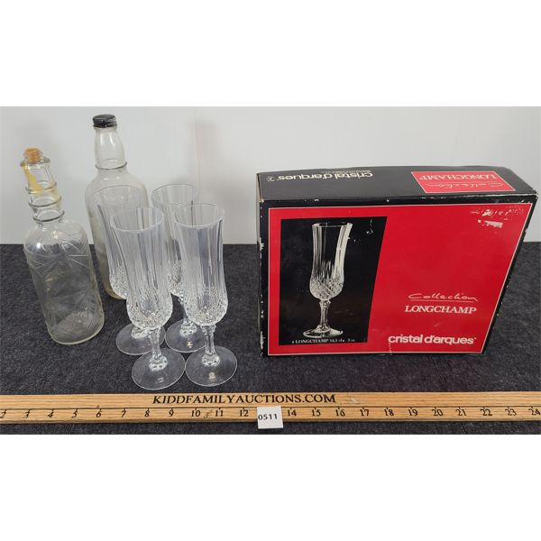 LOT OF 3 - SETS OF LONGCHAMP CRYSTAL GLASSES & LIQUOR BOTTLES