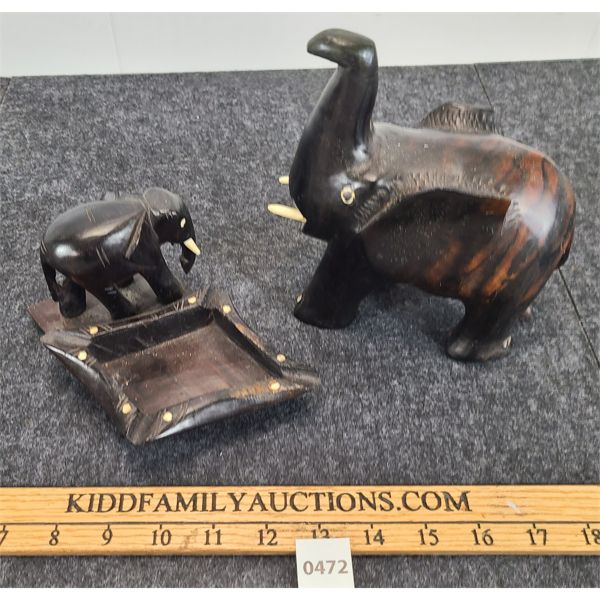 LOT OF 2 - DARK WOOD CARVED ELEPHANT & ASHTRAY 