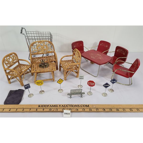 JOB LOT - DOLL CHAIRS & TABLES, MINI GROCERY CART ETC