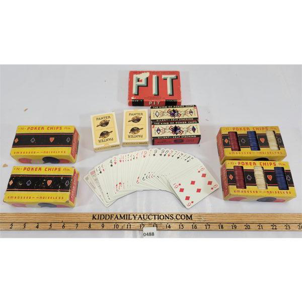 LOT OF 9 - PANTER CARDS, POKER CHIPS & PIT PARTY GAME