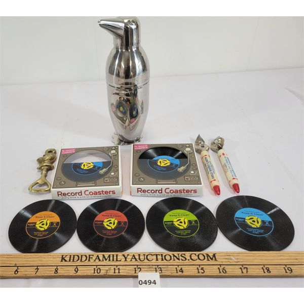 LOT OF 6 - DRINK MIXER, BOTTLE OPENERS & RECORD COASTERS