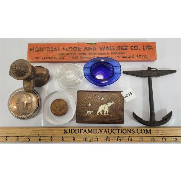 JOB LOT - WOOD LEVEL, TOP HAT ASHTRAYS, CAST IRON ANCHOR ETC