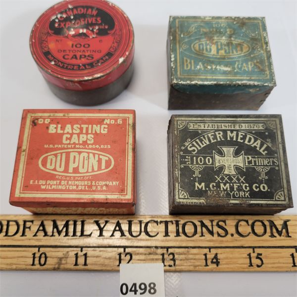 LOT OF 4 - CAP & PRIMER TINS - INCL DU PONT, SILVER MEDAL & CANADIAN EXPLOSIVES