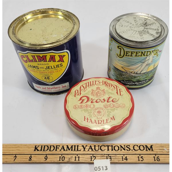 LOT OF 6 - MISC TINS - INCL DEFENDER TOMATOES, HAARLEM & VELVET TOBACCO