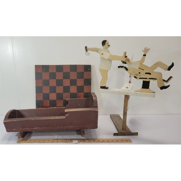 LOT OF 3 - CARVED FOLK ART - INCL PINE DOLL CRADLE & BARBER SHOP WHIRLY-GIG 