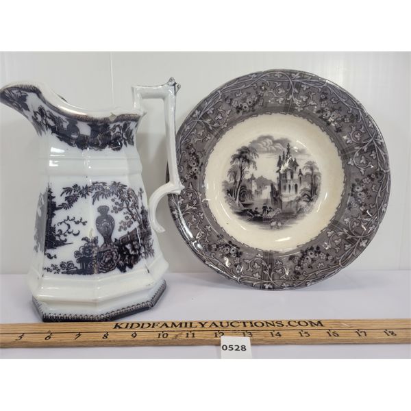 LOT OF 2 - ADAMS & SONS IRONSTONE PITCHER & TJ & J MAYER SOUP BOWL 