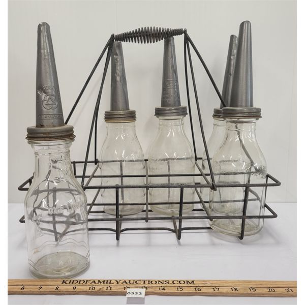 LOT OF 6 - GLASS QT OIL BOTTLES W/ SPOUTS & CARRIER - INCL CITIES SERVICE & ECO 