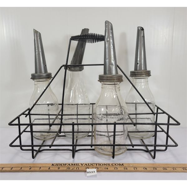 LOT OF 5 - GLASS OIL BOTTLES W/ SPOUTS & CARRIER 