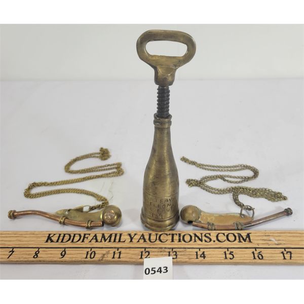 LOT OF 3 - FRENCH BRASS CORKSCREW & COPPER / BRASS BOSUN WHISTLES 
