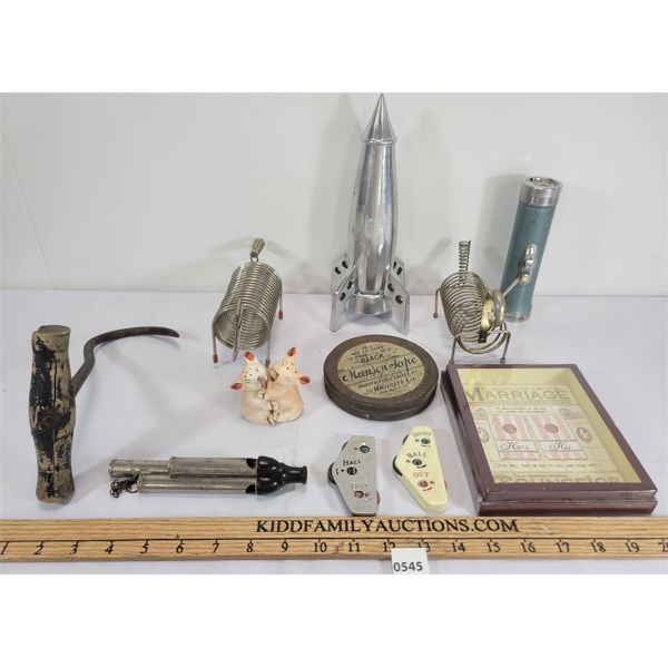 JOB LOT - PAPER WEIGHTS - PIGGY SALT & PEPPER SHAKERS - BASEBALL COUNTERS & WHISTLE ETC 