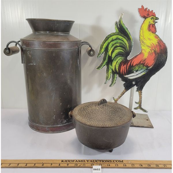 LOT OF 3 - COPPER TRIM MILK CAN, FOOTED CAST POT AND ROOSTER DECOR