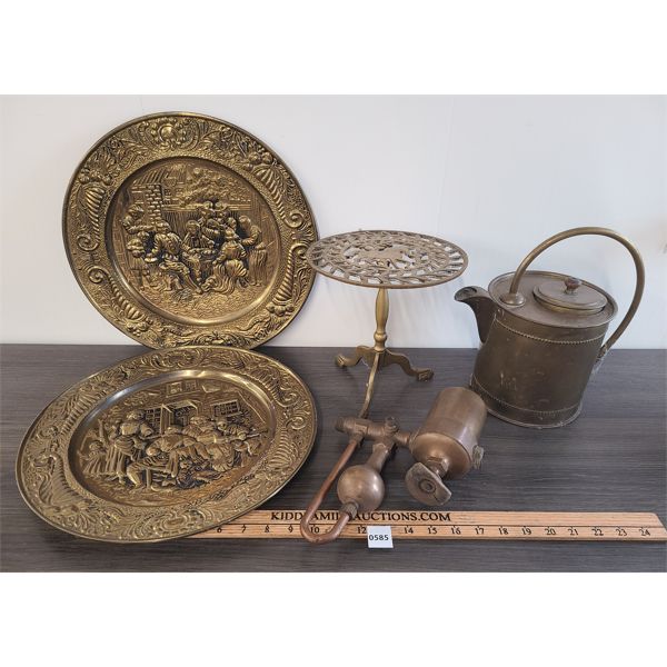 LOT OF 5 - BRASS PLANT STAND - PLATES - WATERING CAN ETC